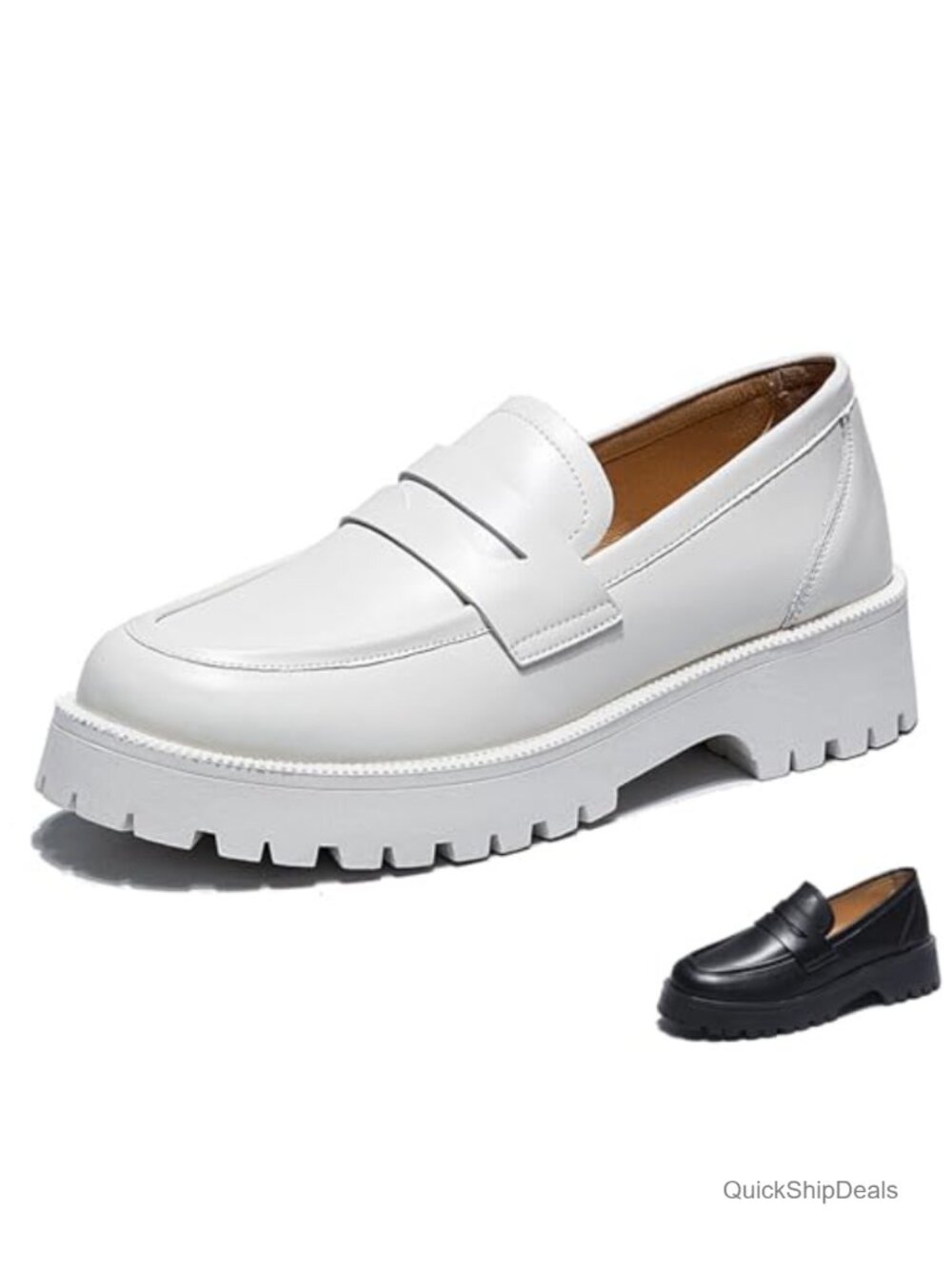 Women's Leather Platform Chunky Slip-On Penny Loafers Round Toe Lug Sole